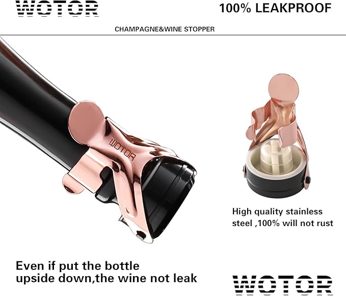 WOTOR Champagne&Wine Bottle Stoppers Stainless Steel with Food Grade Silicone, Leak Proof Keep Fresh Reusable Saver, Cork Suitable for Wine, Champagne, Cava, Prosecco and Sparkling (2 Pack Rosegold）