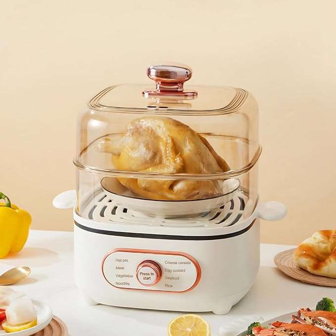 Two Tier Food Steamer, 1200W Electric Hot Pot with Steaming Plate, Mini Hot Pot for Fast Simultaneous Cooking, 10.5L Stackable Multipurpose Cooker for Soup Noodles Oatmeal (PP+pc