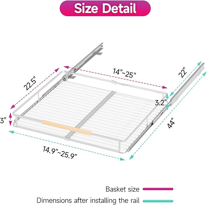 Pull Out Cabinet Organizer, Expandable(14.9"~25.9") Cabinet Drawers Slide Out, Adjustable Width Roll 0ut Shelf Cabinet Organizer for Kitchen Base Cabinet Organization (Large, 1Pack)