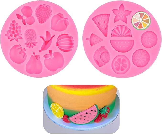 2 Pack Fruit Silicone Molds Set, Small Fondant Mold for Cake Decoration, Chocolate, Candy, Resin, Clay - Mini Watermelon Lemon Strawberry Banana Mold for Cupcake Topper