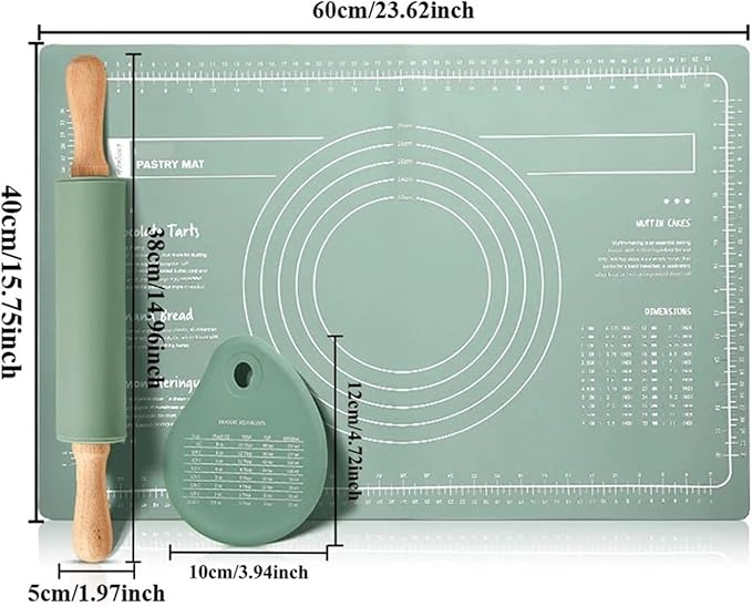 Silicone Measuring Kneading Pad Set Household Rolling Pin Dough Large Thick Non-slip Non-stick Bottom Baking Tool(Three piece set gree)