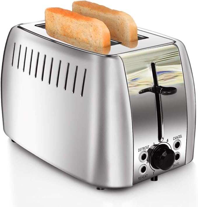 Toaster 2 Slice Stainless Steel Bagel Toaster Extra Wide Slots with 6 Browning Setting, Bagel/Reheat/Defrost/Cancel Function for Toasting Bread, Bagels and Waffles, 750W, Silver