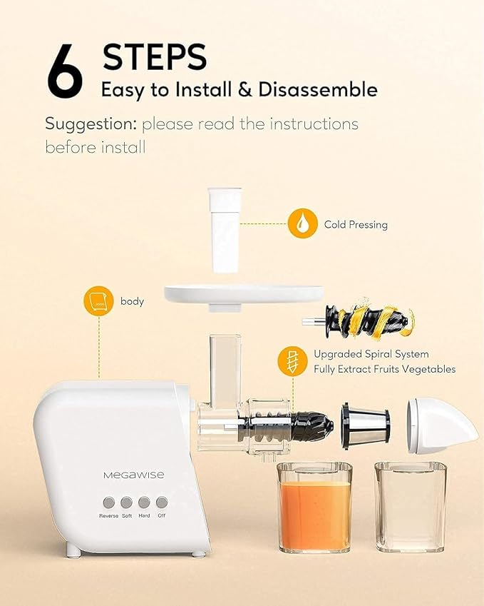 MegaWise Cold Press Slow Masticating Juicer – Quiet Cold Press Technology, Dual-Speed Modes, High-Yield Fruit & Vegetable Extractor, Quick-Clean Parts, White