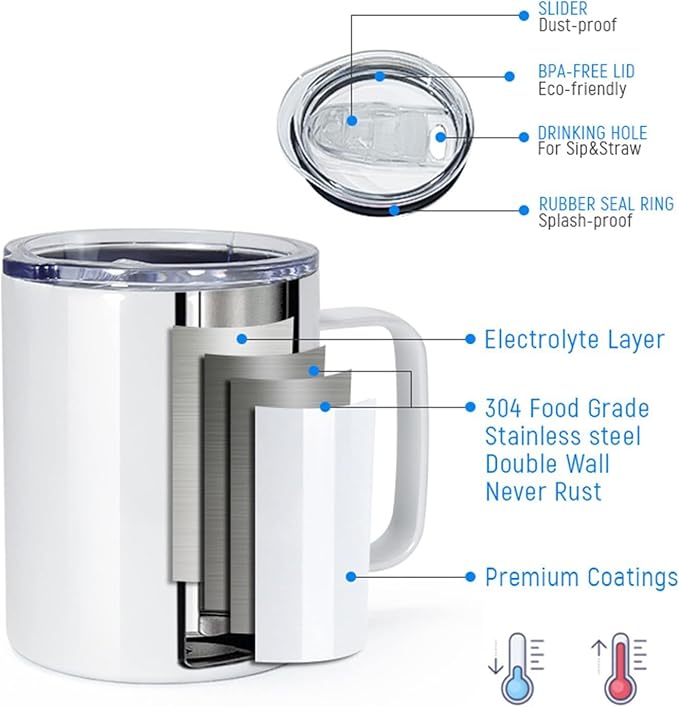AGH 12OZ Sublimation Coffee Mug With Handle, 6Pack Stainless Steel Tumbler with Handle.Sublimation Mug Set for Coffee,Tea,Beer and Juice, Individually Boxed, White