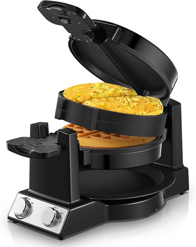 FOHERE 2-in-1 Omelette Maker&Waffle Maker, 1400W Omelet Maker 180° Flip, Adjustable Browning Control, Non-Removable & Nonstick Pans, Make Two Omelet and One Waffle at Once for Home (Dark Black)
