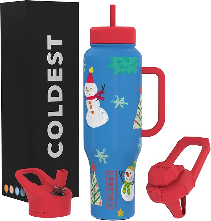 Coldest Tumbler with Handle and Straw, 100% Leak Proof Insulated Tumbler with Lid and Straw (3 Lids), Stainless Steel Tumblers for Women & Men, Cup Holder Friendly Base, 46 oz (Mr. Snowie)