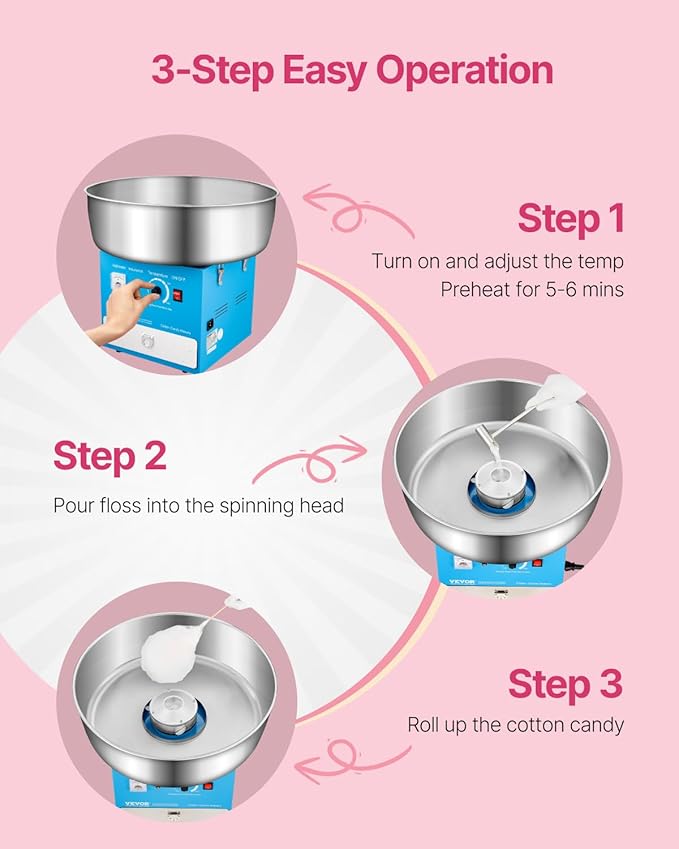 VEVOR Electric Cotton Candy Machine, 1000W Commercial Candy Floss Maker with 20.5 in Stainless Steel Bowl, Sugar Scoop, and Drawer, Easy Home Use, Perfect for Kids Birthday, Family Party, Blue