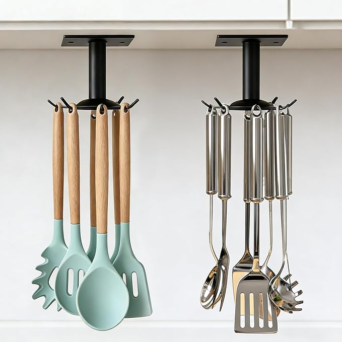 Utensil Hooks, 2 Pack Metal Steel Kitchen Utensil Hangers Rack 360° Rotating Under Cabinet Utensil Hooks Top Mounted with 6 Rotatable Claws for Cabinet Kitchen Bathroom