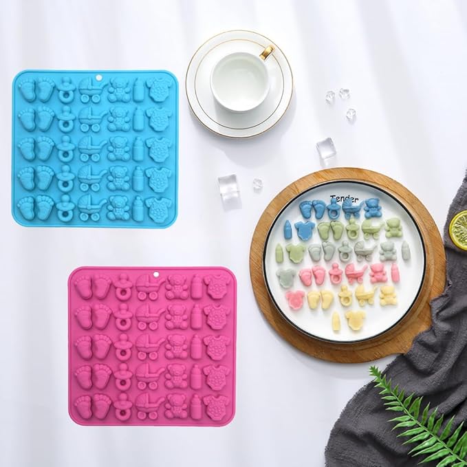 2 Pack Silicone Chocolate Molds - Feet, Onesie Bottle Pacifier Carriage Bear Mold, Silicone Mold for Candy Gummy Cake Cupcake Decoration Chocolate