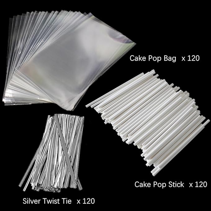 360 PCS Cake Pop Sticks and Wrappers Ties Kit, Including 120ct 6-inch Paper Lollipop Sticks, 120ct Cake Pop Parcel Bags, 100ct Silver Twist Ties for Candy Making Packaging Supplies