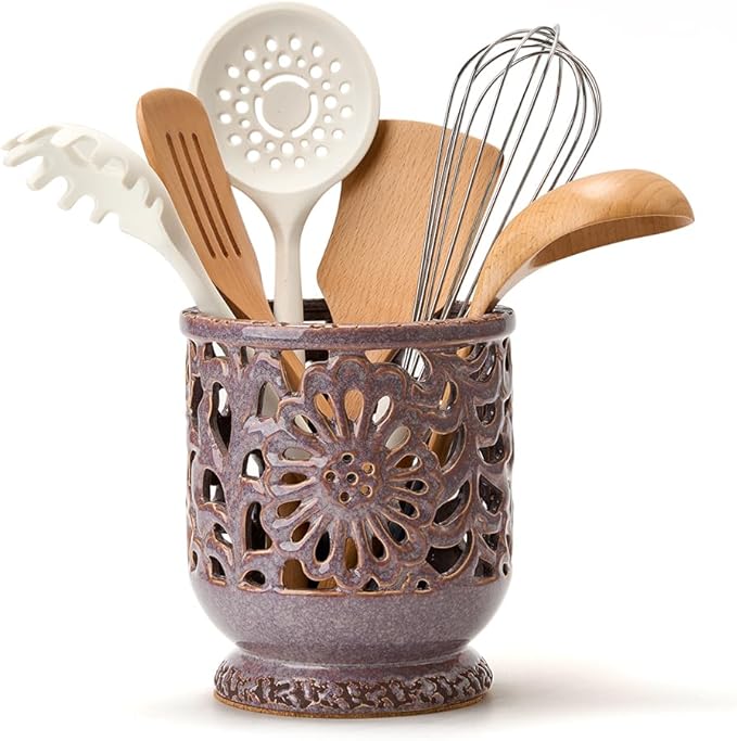 Farmhouse Kitchen Utensil Holder for Countertop, Ceramic Large Cooking Utensil Crock with Cork Mat, Decorative Rustic Utensil Holder for Kitchen Counter, Hollow Carving Flower, Purple