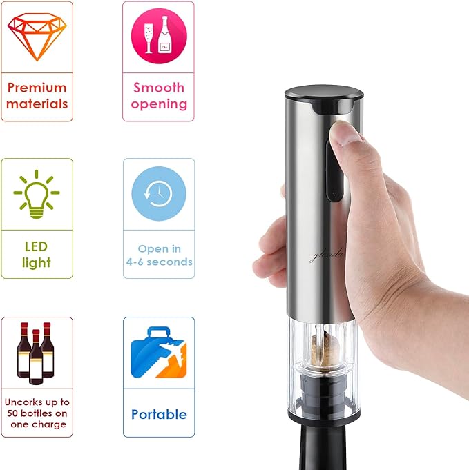 Electric Wine Opener Set with Stand, Wine Gift Set with Rechargeable Wine Opener, Wine Aerator, Foil Cutter, Vacuum Pump and 2 Stoppers, 7-in-1 Wine Bottle Opener Set for Home Party Bar Outdoor Gift