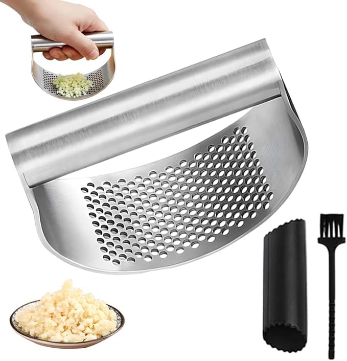 Stainless Steel Garlic Press, 2026 Upgrade Garlic Press Rocker Heavy Duty Stainless Steel Garlic Mincer, Heavy Garlic Chopper with Peeler And Cleaning Brush (No Corkscrew)