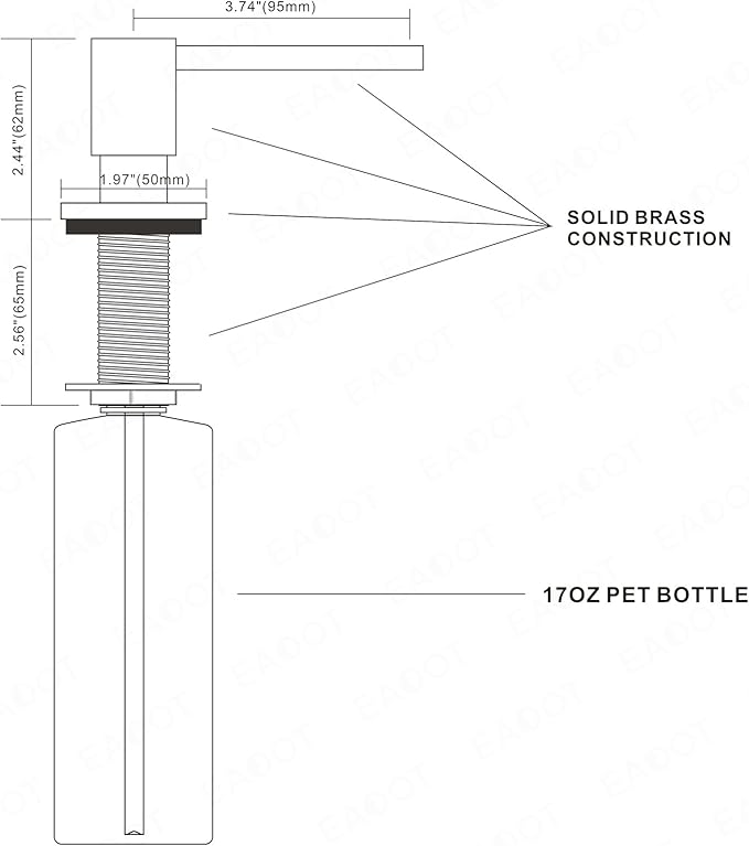 All Brass Built in Soap Dispenser for Kitchen Brushed Nickel Deck Mounted Sink soapdispenser with 17OZ Above The Counter Refillable PET Bottle Brass Pump Head Dish Soap Dispenser