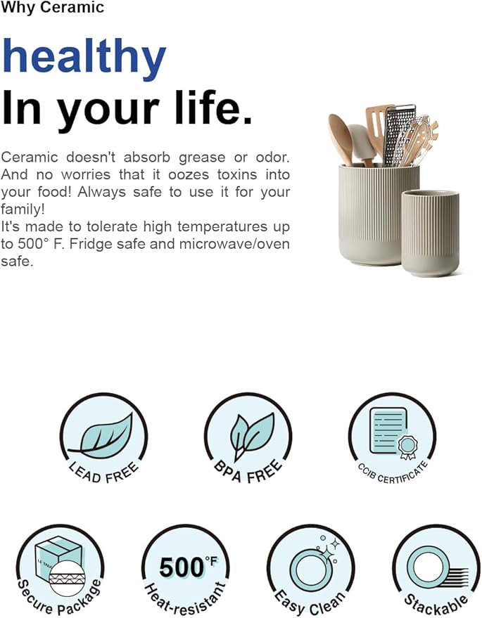 LE TAUCI Utensil Holder for Kitchen Counter, 7.3"+5.4" Fluted Ceramic Utensil Crock Organizer for Countertop, Heavy Large Holder for Spatulas, Spoons, Set of 2, Oatmeal Greige