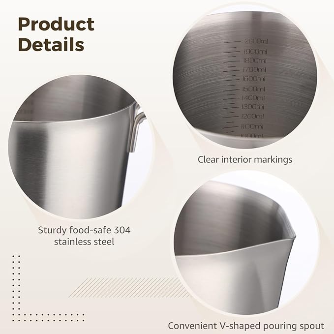 2 Pcs Stainless Steel Measuring Cup with Lids, 67.6 oz Wide Mouth 304 Kitchen Pitcher with Scale and Handle for Baking, Milk Frothing, Latte Art, Hot/cold Water
