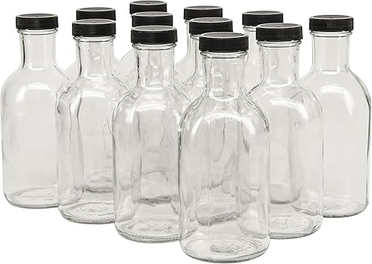 North Mountain Supply 16 Ounce Glass Stout Sauce Bottle - with 38mm Black Plastic Lids - Case of 12