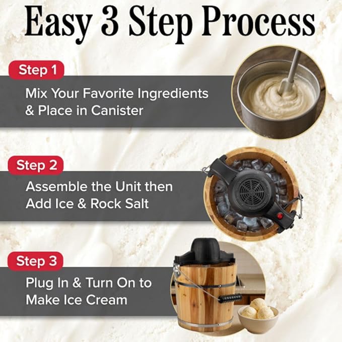 Electric Ice Cream Maker Machine - 4 Quart Old Fashioned Icecream Maker with Hand Crank and Electric Paddle - Pine Wood Bucket Ice Cream Machine for Frozen Yogurt, Gelato, Sorbet by Classic Cuisine