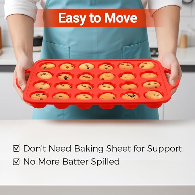 CAKETIME Silicone Mini Muffin Pan, Metal Reinforced Frame 24 Cups Mini Muffin Tin with Handles BPA Free Muffin Silicone Molds for Baking Muffins, Cupcakes, Egg Bites 2 Pack, Red