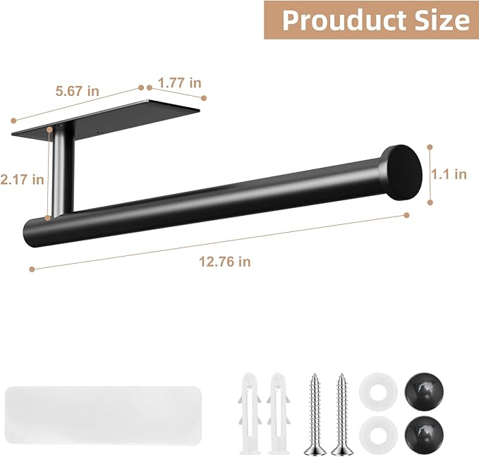 Paper Towel Holder, Improved Premium Paper Towel Holder Under Cabinet, Stainless Steel Paper Towel Holders Rack for Kitchen, Bathroom, Pantry, Fridge, Adhesive or Drilling, Black