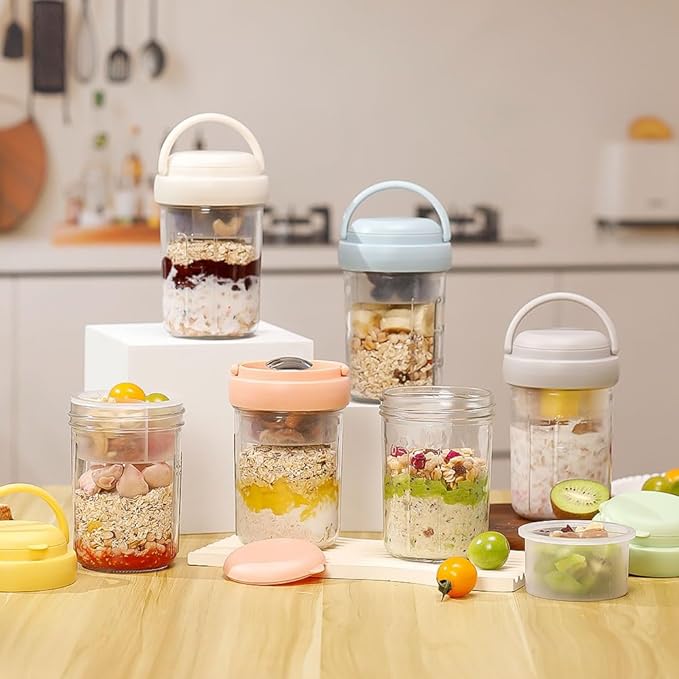 4 Pack Overnight Oats Containers with Lids and Handles, Folding Spoons & Divided Compartments for Fruit & Nuts, 16oz Glass Mason Jars for Oatmeal, Meal Prep & Breakfast (Cream/Blue/Gray/Pink)