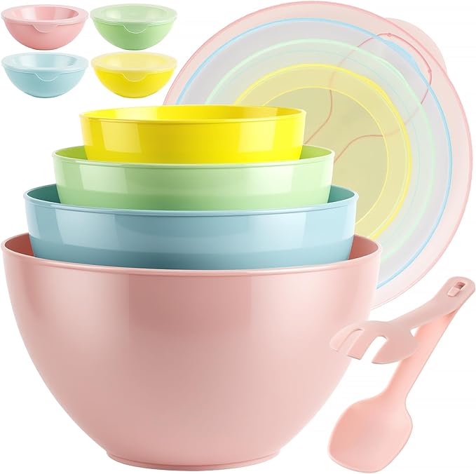 16 Piece Plastic Mixing Bowls with Lids Set - Nesting Bowls Set includes 8 Prep Bowls and 8 Lids, 2-in-1 Spoon-Fork, Large Salad Bowl for Preparing, Serving, and Storing, Dishwasher & Microwave Safe