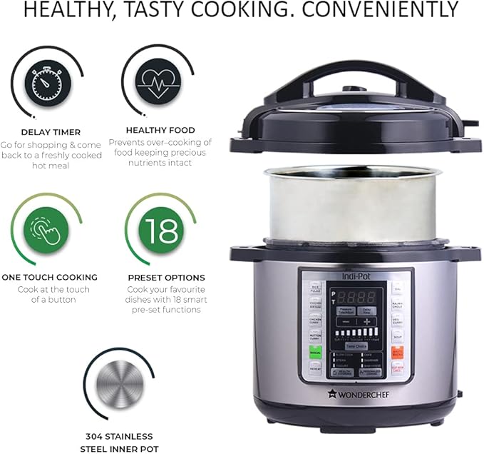 Wonderchef 6 Quart Indian Cooking Multi-use Programmable 7-in-1 Stainless Steel Pressure Cooker, Steamer, Yogurt Maker, Sauté, Rice Cooker, Warmer and Slow Cooker; 6-quarts