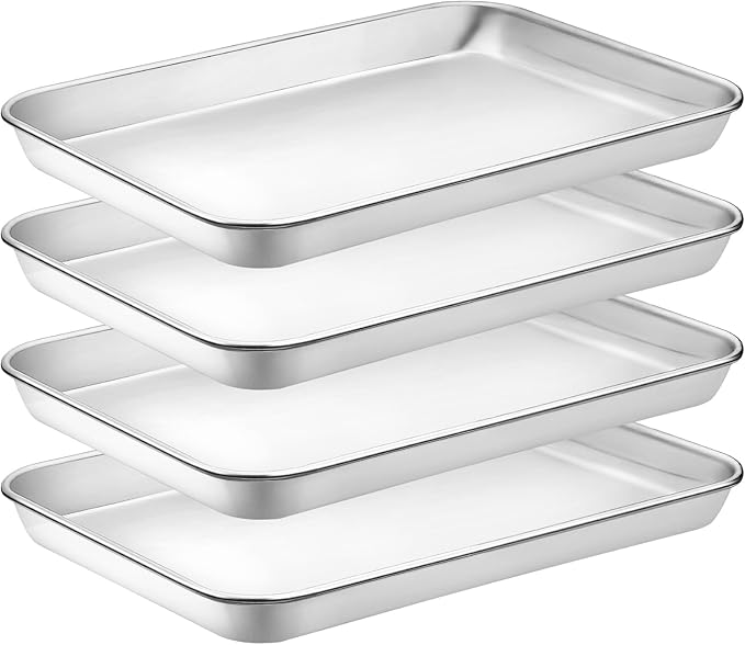 4 Pieces Baking Sheet Pan Tray, CEKEE Stainless Steel Small Cookie Sheets for Baking, Baking Sheets for Oven, Warp Resistant & Heavy Duty & Rust Free Baking Pans Set - Size 9.3 x 6.9 x 0.98 Inch