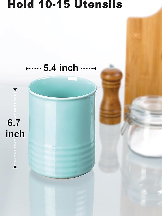 Utensil Holder, 6.7" Ceramic Kitchen Utensil Crock for Countertop Cooking, Modern Utensil Caddy Jar Organizer for Farmhouse Kitchen Counter Décor, Turquoise