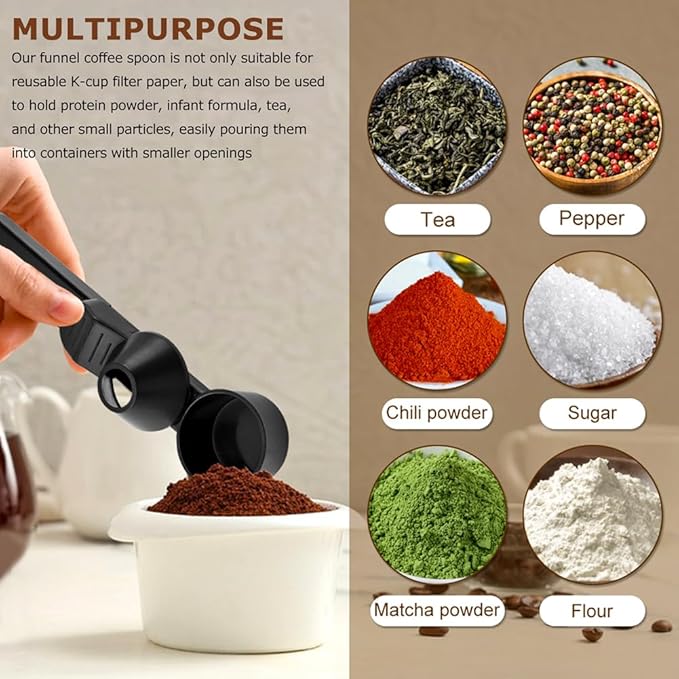 Coffee Scoop & Funnel for Reusable K Cups Refillable Coffee Pods Coffees Measuring Spoon Easy Slide Scoop with Funnel for Ground Coffees, Protein Powder, Tea(COLOR:black)