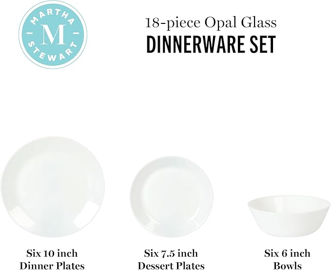 Martha Stewart Opalton 18-Piece Dinnerware Set – Chip and Break Resistant Opal Glass Plates and Bowls, Lightweight White Dinner Set for 6, Microwave and Dishwasher Safe