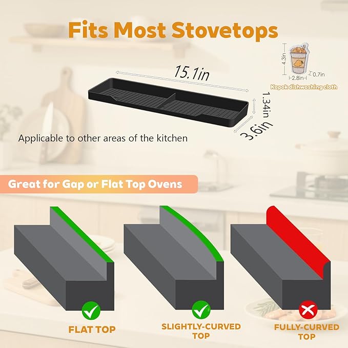 15 Inch Magnetic Silicone Stove Top Shelf, Heat Resistant Spice Rack for Kitchen, Space Saving Organizer with 3 Sticky Pads, Fits Back of Stove (Black, 15 Inch)