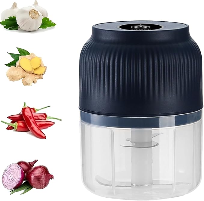 Electric Garlic Chopper,Mini Portable Veggie Cutter,Upgrade Electric Mini Garlic Chopper Set,Vegetable Chopper and Spiralizer with Container and Lid,USB Rechargeable (Blue)