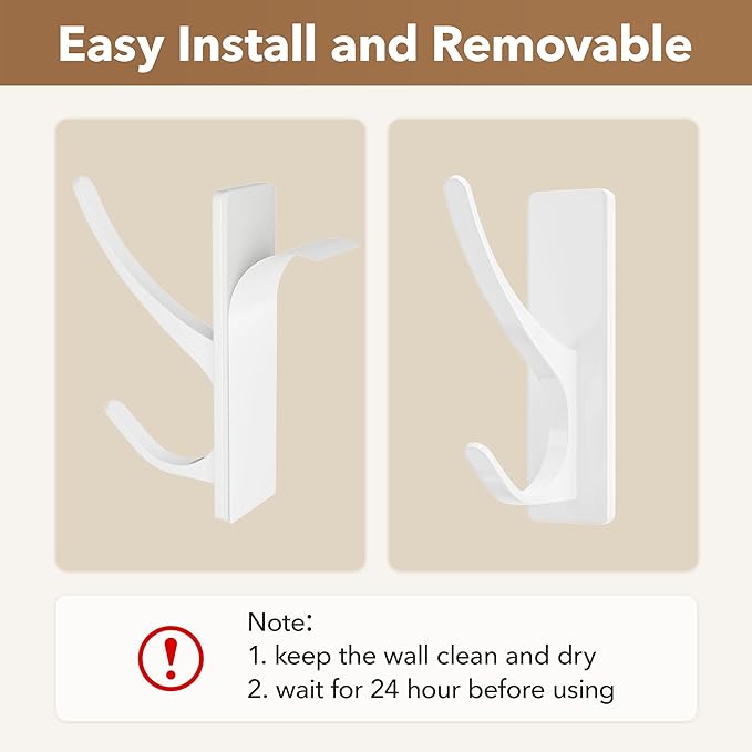 pickpiff White Self Adhesive Coat Hooks for Hanging: 13LB Extra Strong Stainless Wall Hook for Towel, Utensil, Backpack, Hat, Sturdy Metal Hanger for Bathroom, Kitchen, Door, 6 Pack