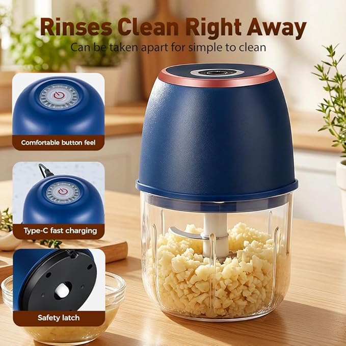 2026 New Electric Garlic Chopper,Vegetable Food Chopper,Mini Food Processor,Portable Rechargeable Cordless Chopper for Onion,Chili,Ginger,Nuts,Meat & Fruits 350ml (Blue)