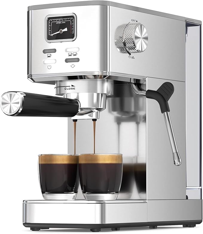 Electactic Espresso Machine 20 Bar, Stainless Steel Coffee Machine with Steam Milk Frother & 47oz Removable Water Tank, Hot Water Function for Home Cappuccino, Latte