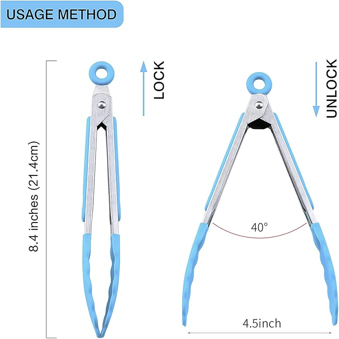 MSY BIGSUNNY Kitchen Food Tongs - 7" Mini Silicone Serving Tongs - Set of 3 (Blue)
