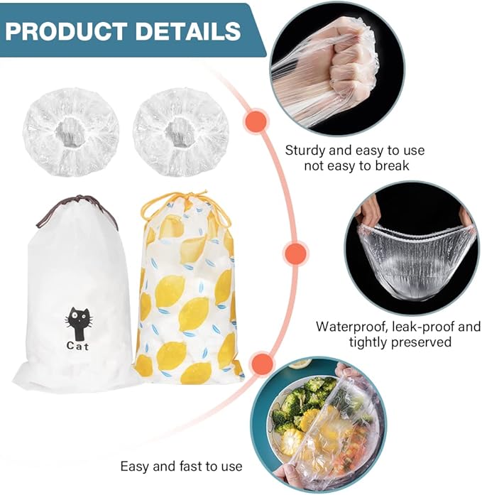200PCS Plastic Elastic Bowl Covers Reusable,Food Storage Covers with Elastic Bowl Covers for Leftover, Plastic Covers for Bowls Fresh Keeping Bags for Family Outdoor Picnic (Regular)