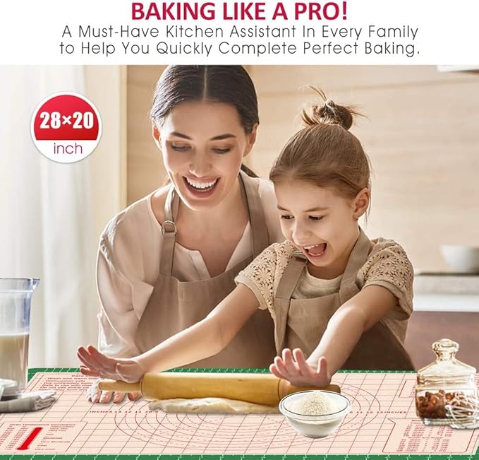 Pastry Baking Mat 28x20 Inch - Larger Silicone Baking Pastry Mat for Rolling Dough,Non Silp Silicon Dough Sheet Mat with Measurement,Perfect for Making Pie,Pizza(Green)