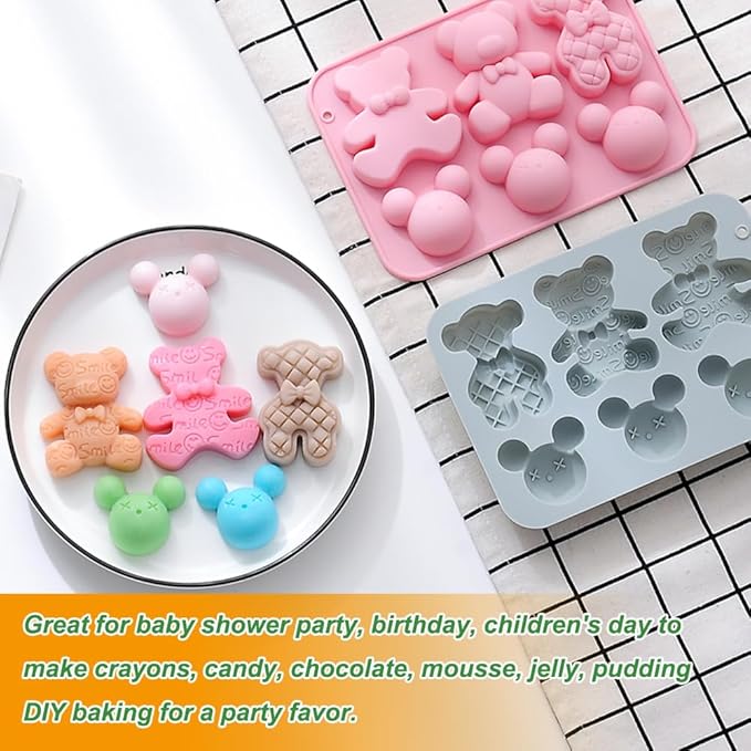 2 Pack Cute Bear Molds Silicone 6 Cavity 3D Cartoon Bear Themed Baking Mould Tray DIY Tool for Baby Shower Birthday Party Chocolate Cake Mousse Pastry Soap Crayons Cupcake Topper