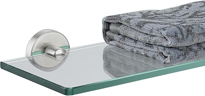 JQK Bathroom Glass Shelf, Tempered Glass Shower Storage 14 by 5 inches, 304 Stainless Steel Brushed Finish Wall Mount, TGS101L14-BN