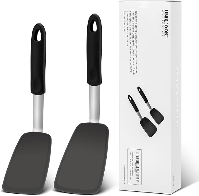 Unicook Flexible Silicone Spatula Turner 2 Pack, 600°F Heat Resistant Spatula for Nonstick Cookware, Essential Kitchen Cooking Utensil for Flipping Eggs, Burgers, Crepes and More, Small and Medium