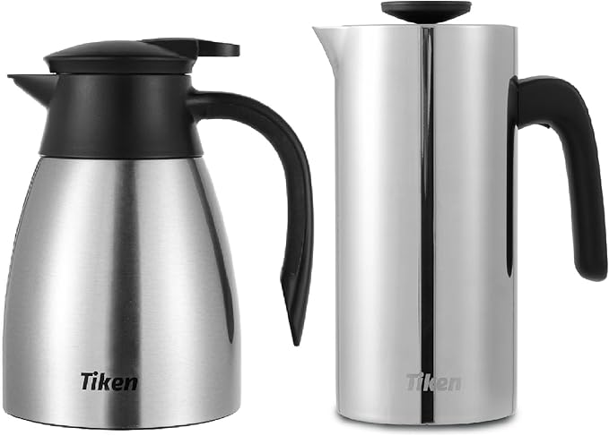 Tiken 34 Oz (1 L) Stainless Steel Thermal Coffee Carafe and French Press Coffee Maker, Silver