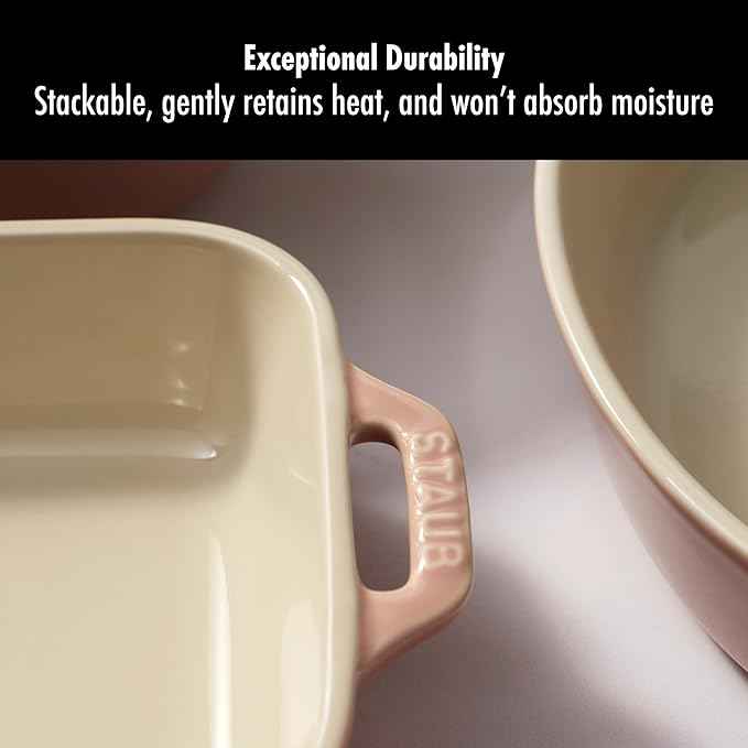 Staub Ceramic 4-pc Baking Pans Set, Casserole Dish with Lid, Brownie Pan, Light Pink