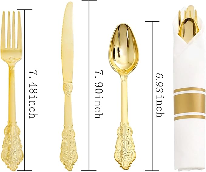 Liacere 400PCS Gold Plastic Silverware - Pre Rolled Napkins Disposable Gold Plastic Cutlery-Premium Quality Utensils-Includes 100Forks,100Knives,100Spoons,100Napkins&Wedding&Thanksgiving