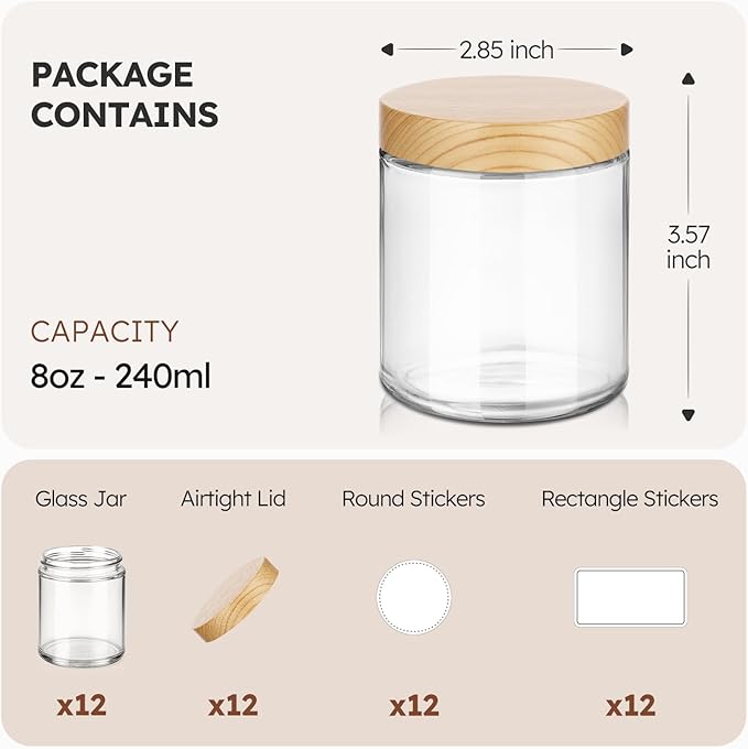 8 oz Glass Jars with Lids, 12 Pack Small Glass Jars with Plastic Woodgrain Lids, Lotion Container Empty Cosmetic Travel Containers for Sample, Cream, Lotion, Honey, Powder