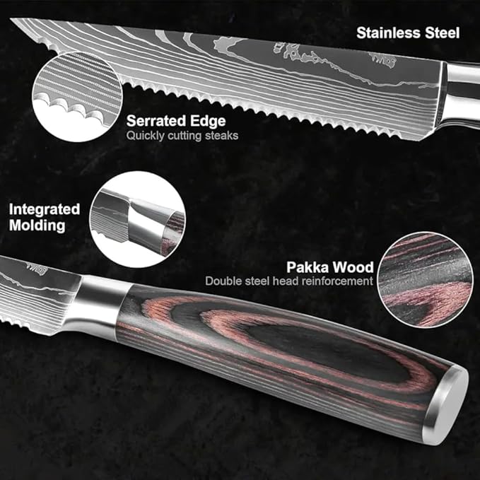 Majesty Series Professional Steak Knife Set with Damascus Pattern - Razor Sharp Serrated Stainless Steel with Wooden Handle (Set of 6 Steak Knives)