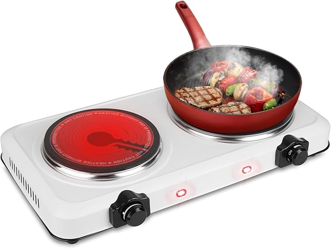 Electric Countertop Double Burner, 1800W Cooktop with Glass Hot Plate, Stepless Temperature Control, Easy to Clean, Indicator Lights, Compatible Cooking Stove for Office Home Camping RV