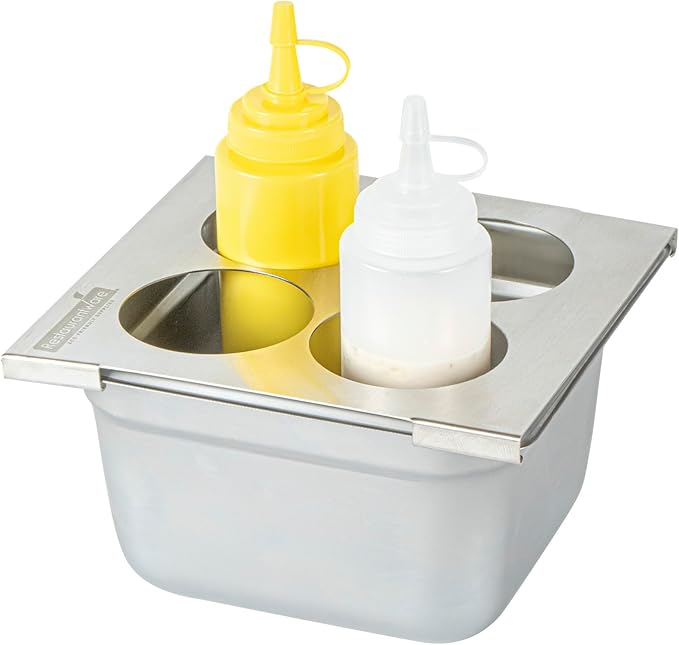Restaurantware Squeeze Bottle Template Pack of 1 Stainless Steel 4 Hole Holder Top, 2.5" Diameter Fits 1/6 Size Food Pans, Dishwasher Friendly Integrated Lip Design Holder Top for Condiment Bottles