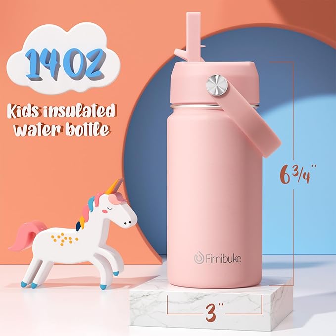 Fimibuke Kids Insulated Water Bottle, 14oz BPA FREE Double Wall Vacuum Tumbler 18/8 Stainless Steel Leak Proof Kids Cups with Straw Metal Water Bottle for School Boys Girls (2 Pack, Midnight Rose)